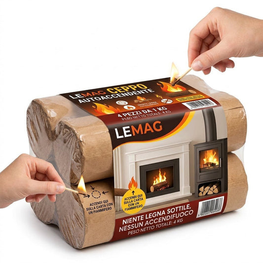 Ceppo Autoaccendente per Camino e Stufa 4 Pezzi da 1 Kg - Si Accende con un Fiammifero sulla Carta - Brucia 2 Ore - Niente Legna Sottile ne Accendifuoco - Lemag srl