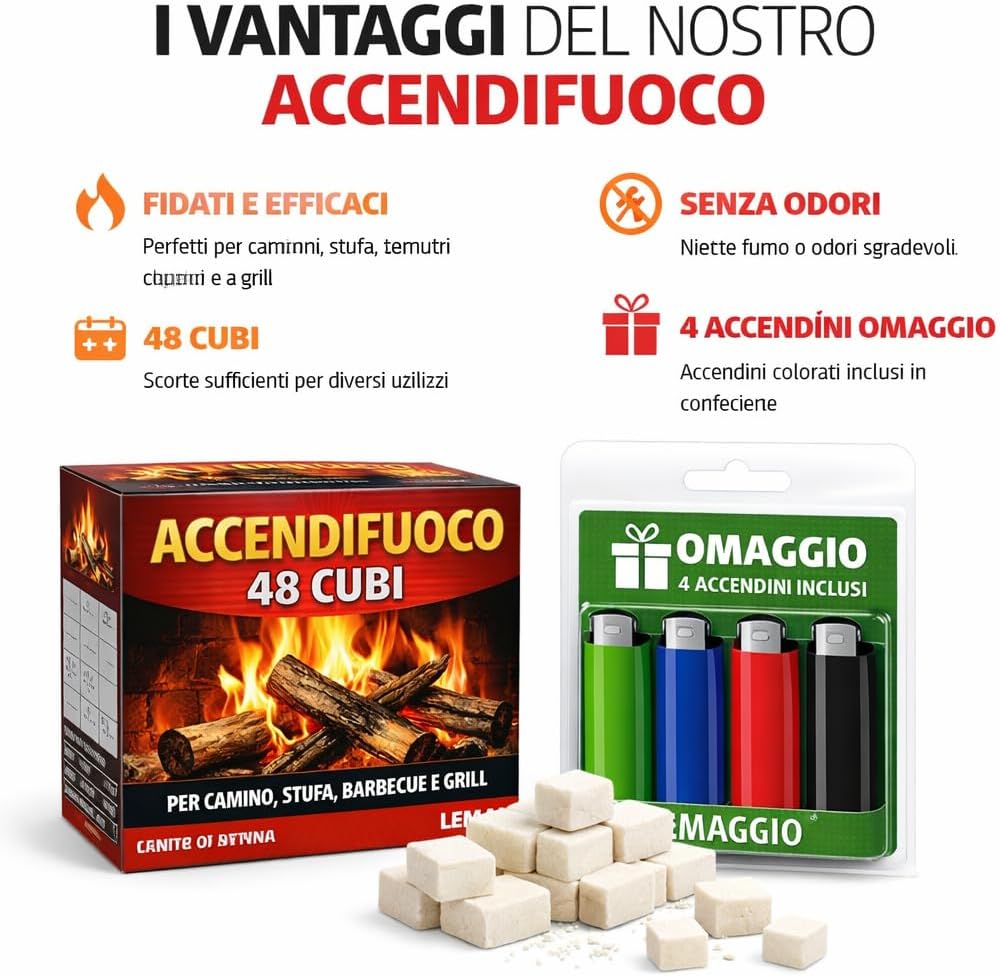 Accendifuoco 48 Cubi per Camino, Stufa e Barbecue + 4 Accendini - Lemag srl