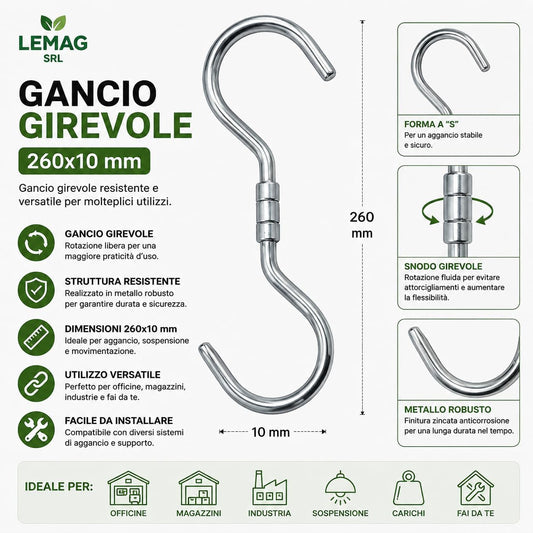 Gancio Girevole 260x10 mm Acciaio Resistente - Lemag srl