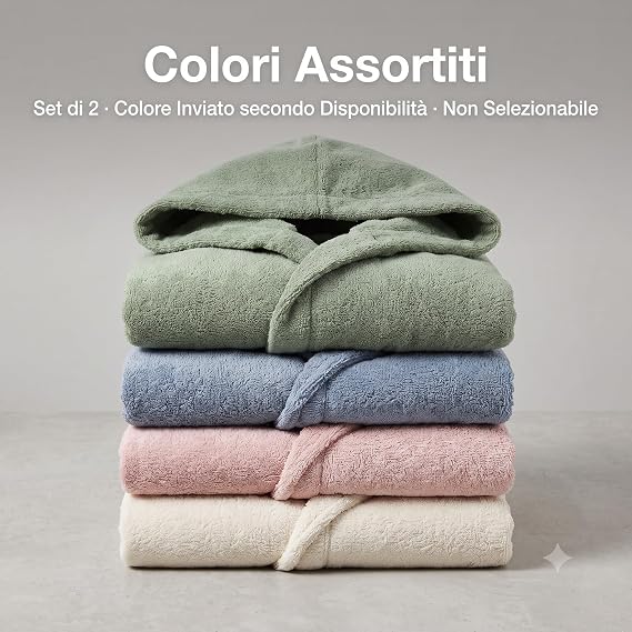 Morbido set 2 accappatoi cotone con cappuccio in vari colori assortiti per uomo e donna.
