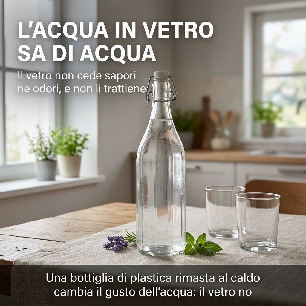 Bottiglia in vetro per acqua a tavola e bottiglie per olio vetro scuro per conservare al meglio gli alimenti.