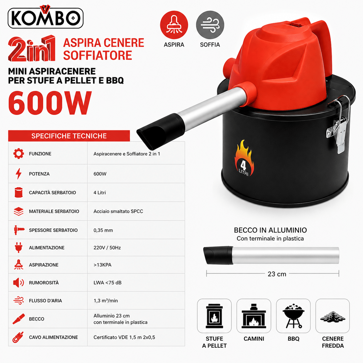 Mini Aspiracenere e Soffiatore 2 in 1 600W 4L Portatile per Stufe a Pellet BBQ Camino con Becco Alluminio 23 cm - Lemag srl