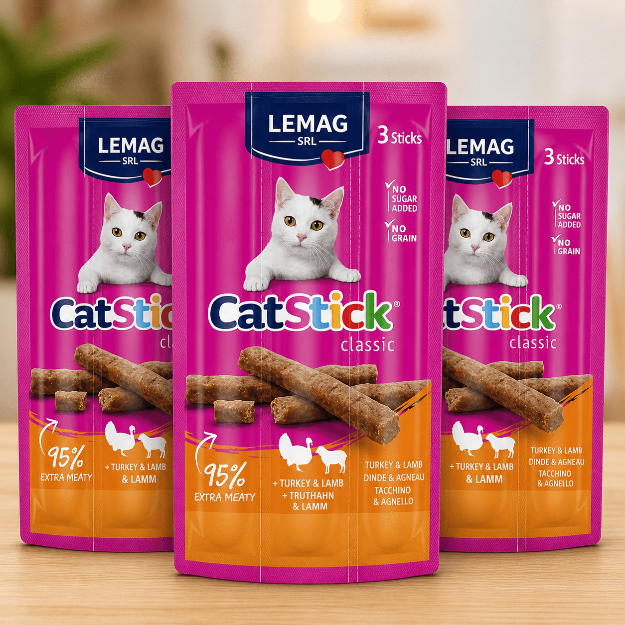 Snack per Gatti Cat Stick 18g 3 Pezzi Tacchino e Agnello Stick Morbidi con Vitamina E e Minerali Spuntino Naturale - Lemag srl