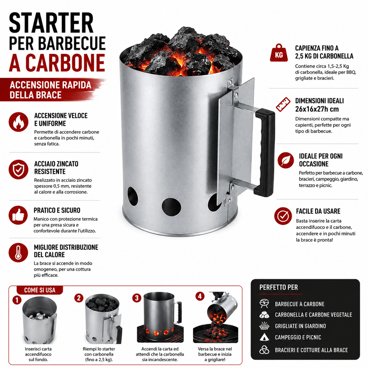 Starter per Barbecue a Carbone 26x16x27h cm Capacità 2,5 Kg in Acciaio Zincato Accendifuoco Camino Avviatore Carbonella - Lemag srl