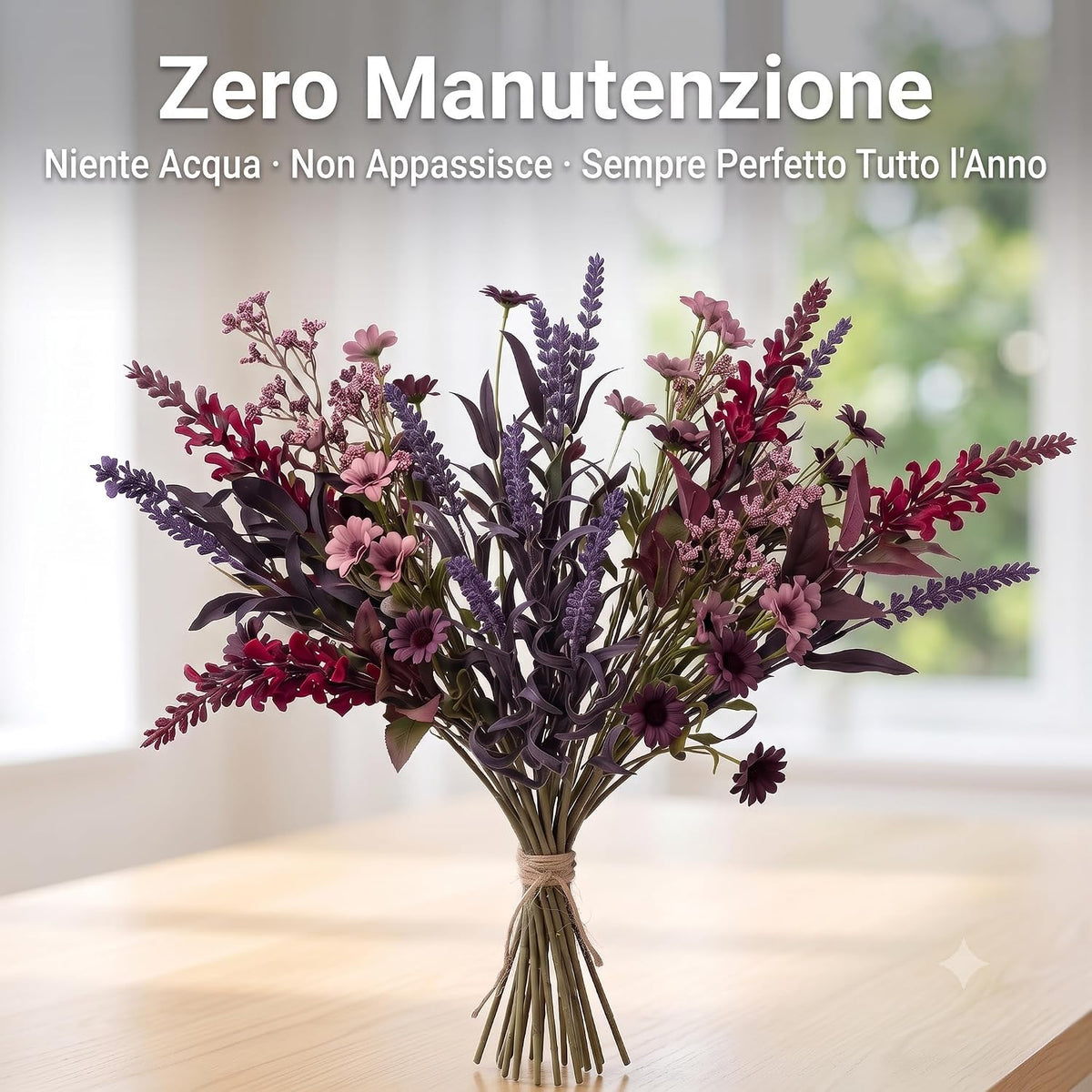 Mazzo di fiori artificiali nei toni rosa, lilla e bordeaux, ideale per una decorazione casa elegante senza manutenzione.