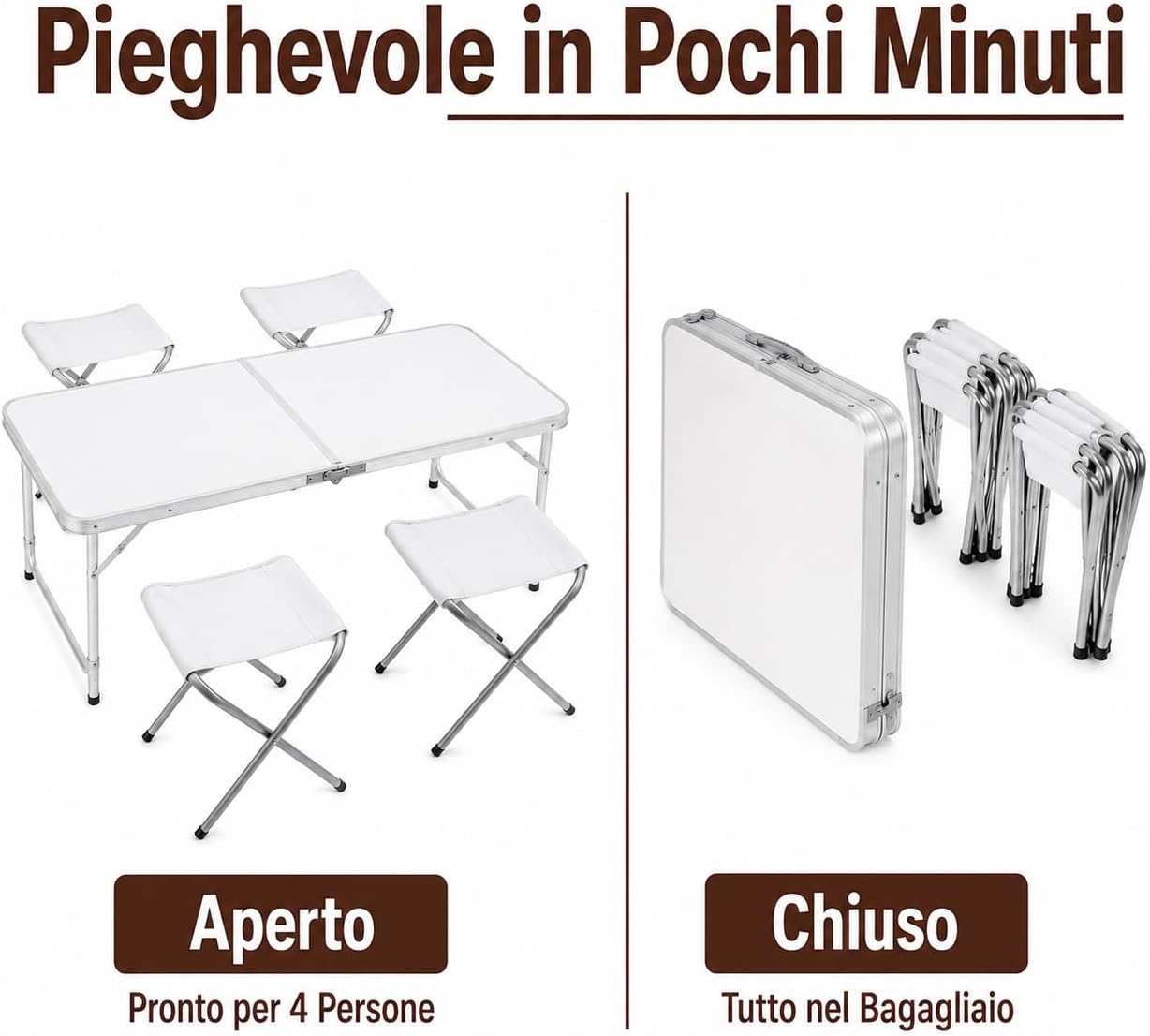 Set Tavolo + 4 Sedie Campeggio Acciaio 120x60cm – Altezza Regolabile 53/63/70cm | Bianco Pieghevole | Giardino Terrazzo Spiaggia | 5 Pezzi Completi | Made in Italy - Lemag srl