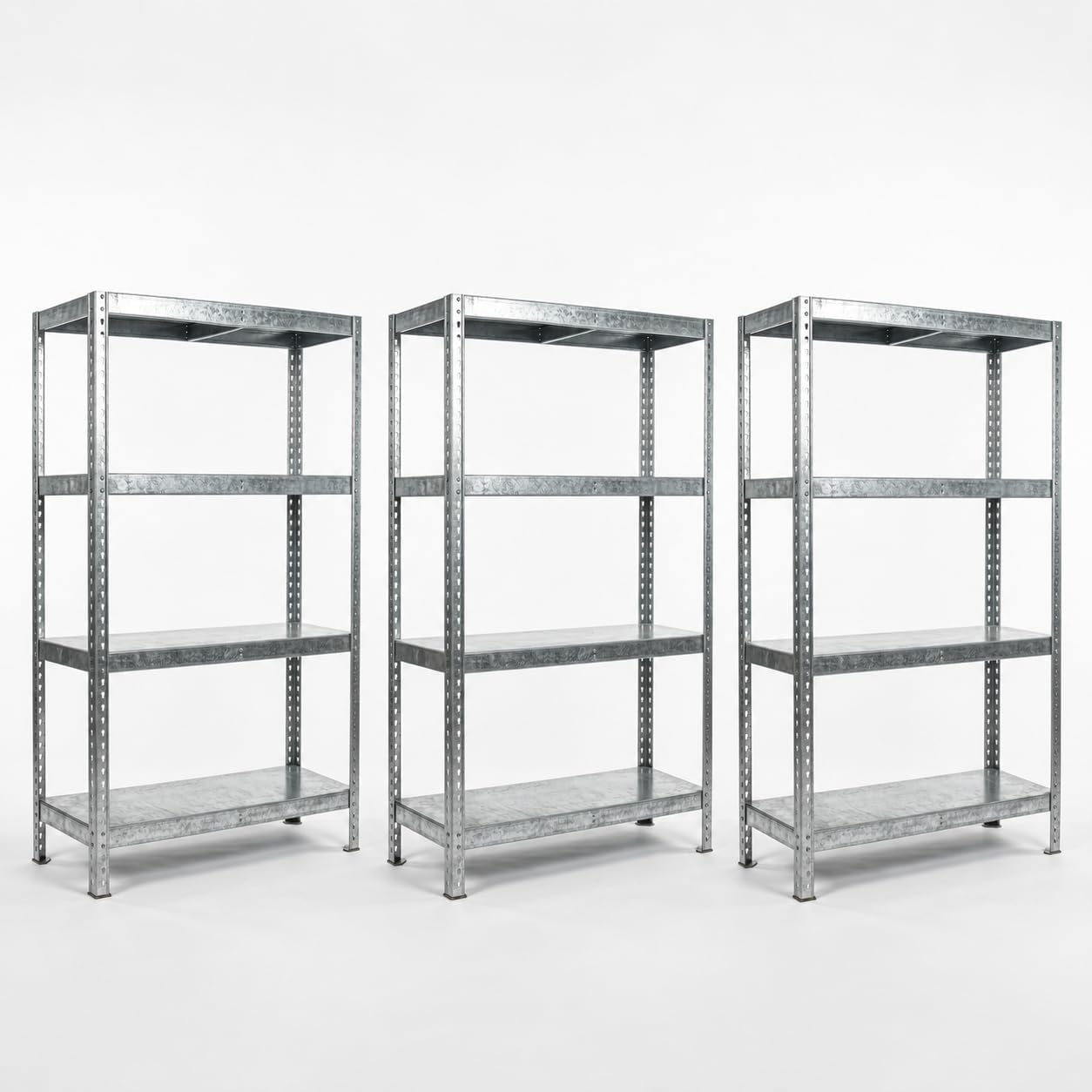 Set di 3 scaffali in metallo zincato con 4 ripiani per organizzare garage, cantina e magazzino.