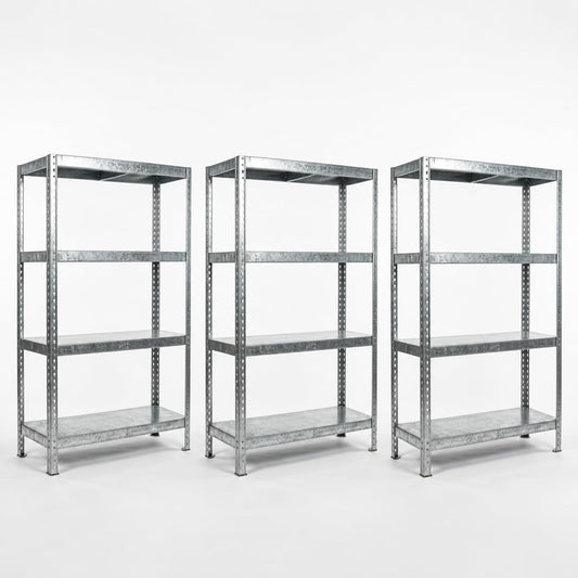 Set di 3 scaffali in metallo zincato con 4 ripiani per organizzare garage, cantina e magazzino.