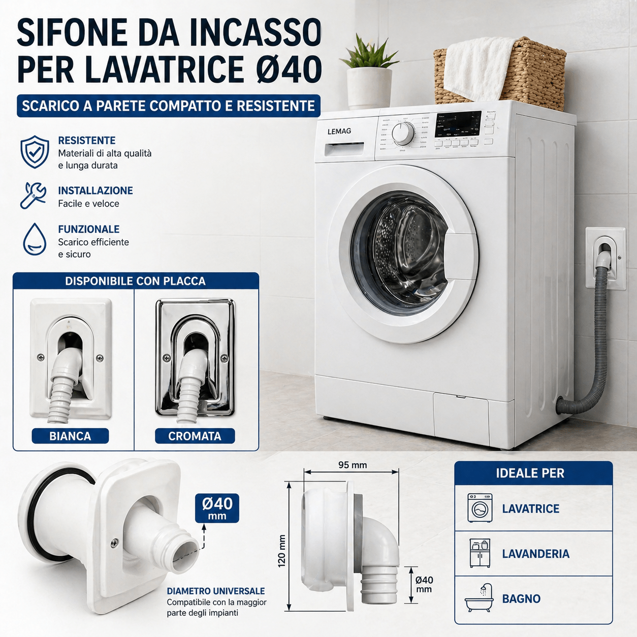 Sifone da Incasso Lavatrice Ø40 con Placca Bianca o Cromata Scarico a Parete - Lemag srl