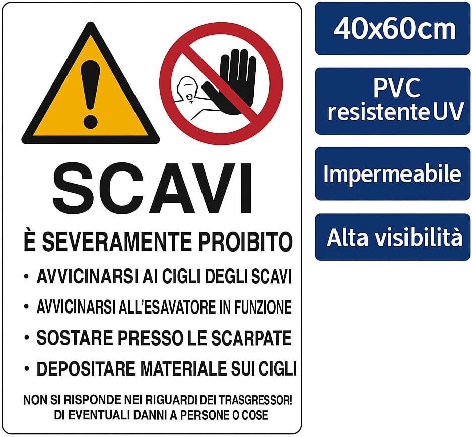 Cartello “SCAVI” 40x60 cm – Segnaletica di Sicurezza in PVC Rigido – Resistente UV e Impermeabile – Per Cantieri e Lavori Stradali - Lemag srl