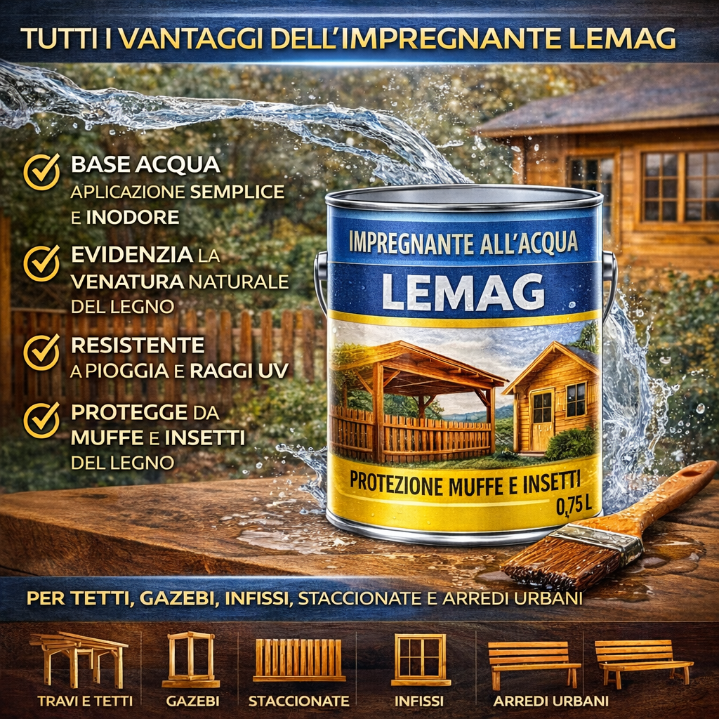Impregnante all’Acqua per Legno 0,75 L – Acrilico Interno/Esterno – Protegge da Muffe e Insetti – Anti Annerimento – Effetto Venatura - Lemag srl