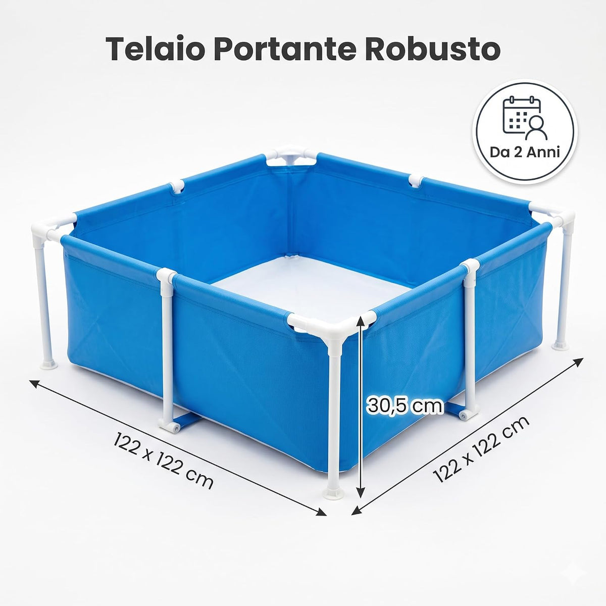 Dettagli e dimensioni della piscina frame per bambini quadrata 122x122 cm con telaio portante robusto.