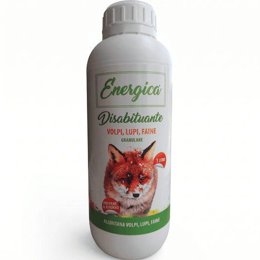 Flacone di disabituante granulare Energica da 1L, efficace repellente per volpi e faine per proteggere pollai.