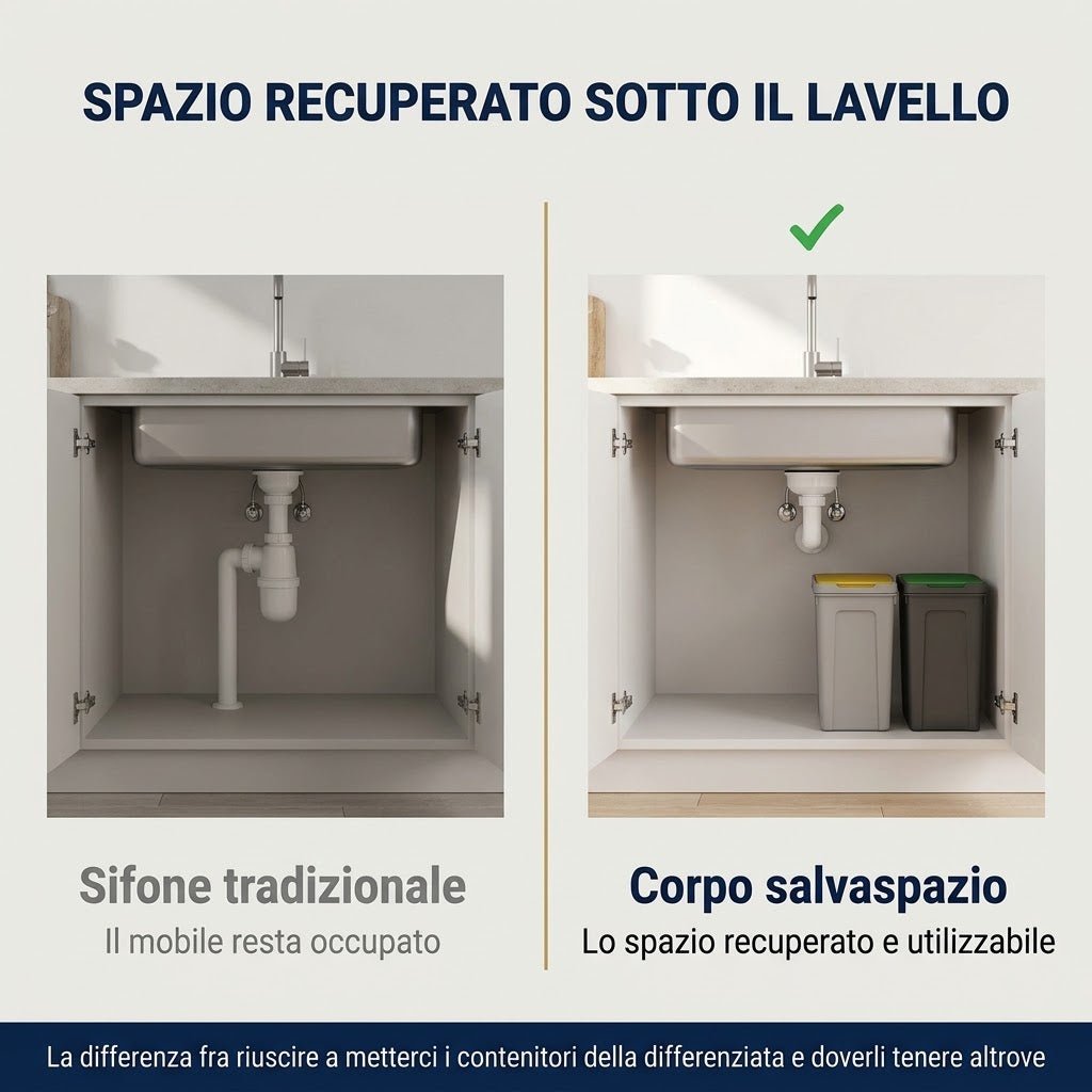 Sifone 2 Vie Salvaspazio per Lavello con Attacco Lavastoviglie 1 Pollice e Mezzo x 40 mm - Per Lavelli a Due Vasche - Collega la Macchina Senza Secondo Scarico a Muro - Lemag srl