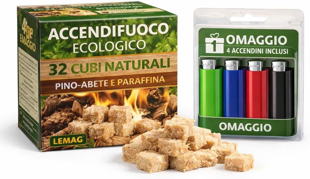 Accendifuoco Ecologico 32 Cubi Naturali Pino Abete e Paraffina Inodore per Camino Stufa Barbecue Grill + 4 Accendini Omaggio LEMAG SRL - Lemag srl