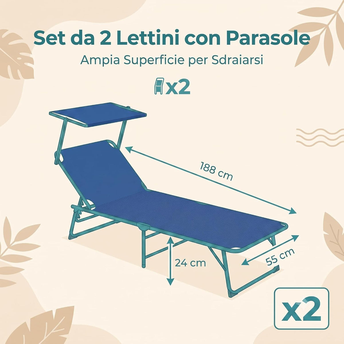Set di 2 lettini da mare con parasole in textilene blu, con dimensioni 188x55x24 cm per spiaggia e piscina.