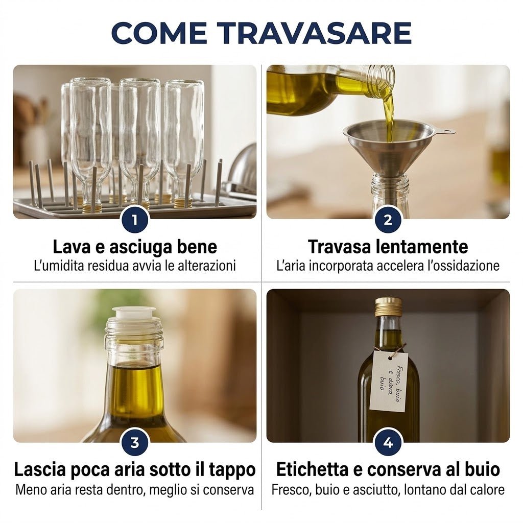 Guida su come travasare l'olio in 4 passaggi utilizzando le bottiglie per olio vetro scuro per una conservazione ottimale.