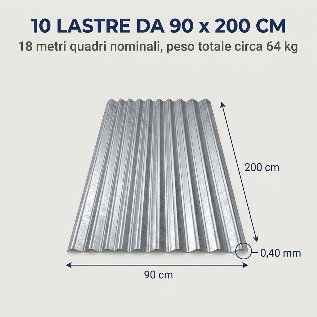 Lamiera Zincata Ondulata 0,40 mm - 10 Lastre 90x200 cm, 18 mq - Spessore Maggiorato Rispetto agli 0,25 mm Standard - Per Tettoie, Pollai, Casette e Recinzioni - Peso Totale 64 kg - Lemag srl