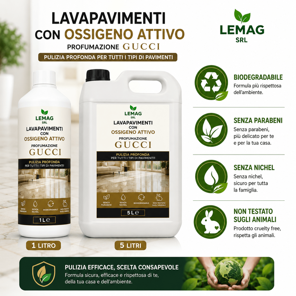 Lavapavimenti con Ossigeno Attivo Profumazione Luxury 1L e 5L Pulizia Profonda Pavimenti Biodegradabile - Lemag srl