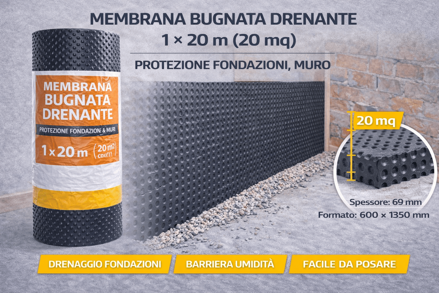 Membrana Bugnata Drenante 1m x 20m (20mq) Protezione Fondazioni Muro - Lemag srl