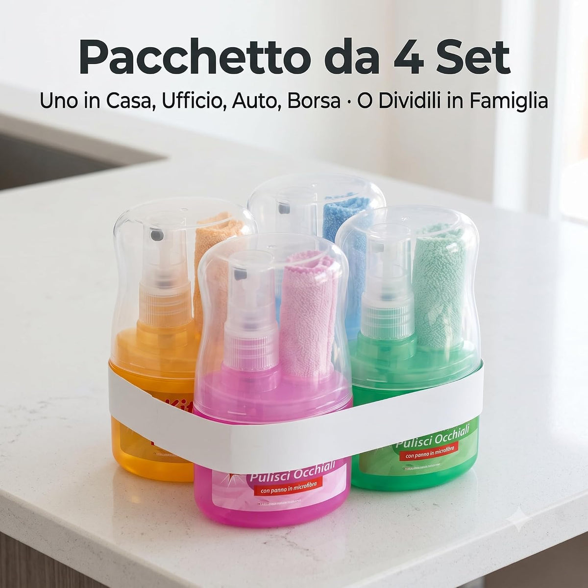 Set multipack con 4 kit pulizia occhiali spray colorati e panno in microfibra per la pulizia quotidiana delle lenti.