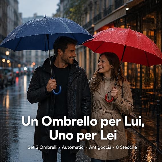 Set 2 Ombrelli Automatici Antigoccia Ø60cm – 8 Stecche Resistenti | Apertura Automatica a Pulsante | Tessuto Repellente Acqua | Uomo Donna | Coppia | Made in Italy - Lemag srl