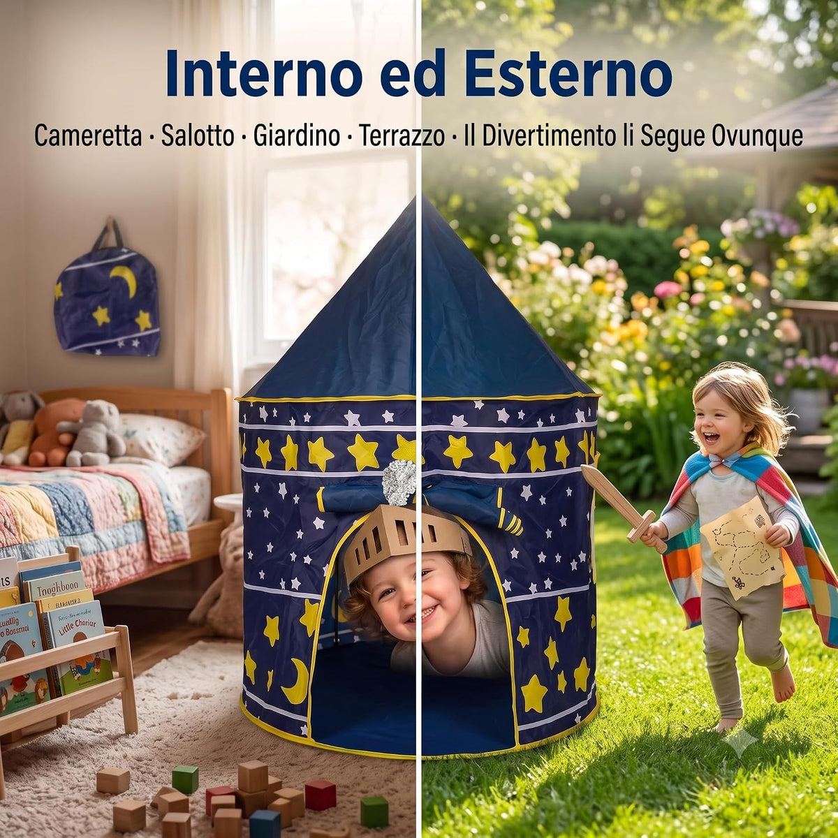 Una tenda gioco per bambini blu a forma di castello, ideale per il divertimento sia in cameretta che in giardino.