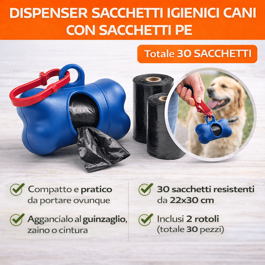Dispenser Sacchetti Igienici Cani con 30 Sacchetti Inclusi - Lemag srl