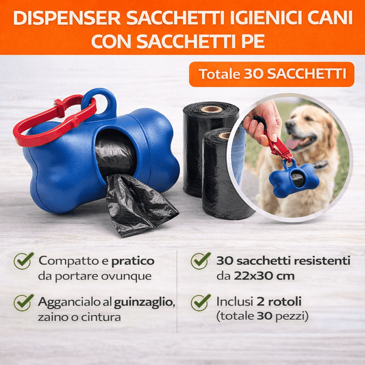Dispenser Sacchetti Igienici Cani con 30 Sacchetti Inclusi - Lemag srl