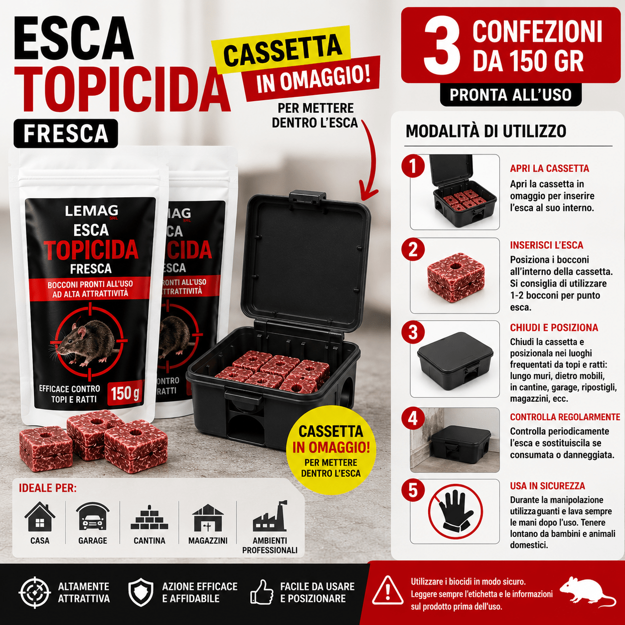 Esca Topicida Fresca 150 gr 3 Confezioni per Topi e Ratti Bocconi Pronti all’Uso ad Alta Attrattività Uso Domestico e Professionale - Lemag srl