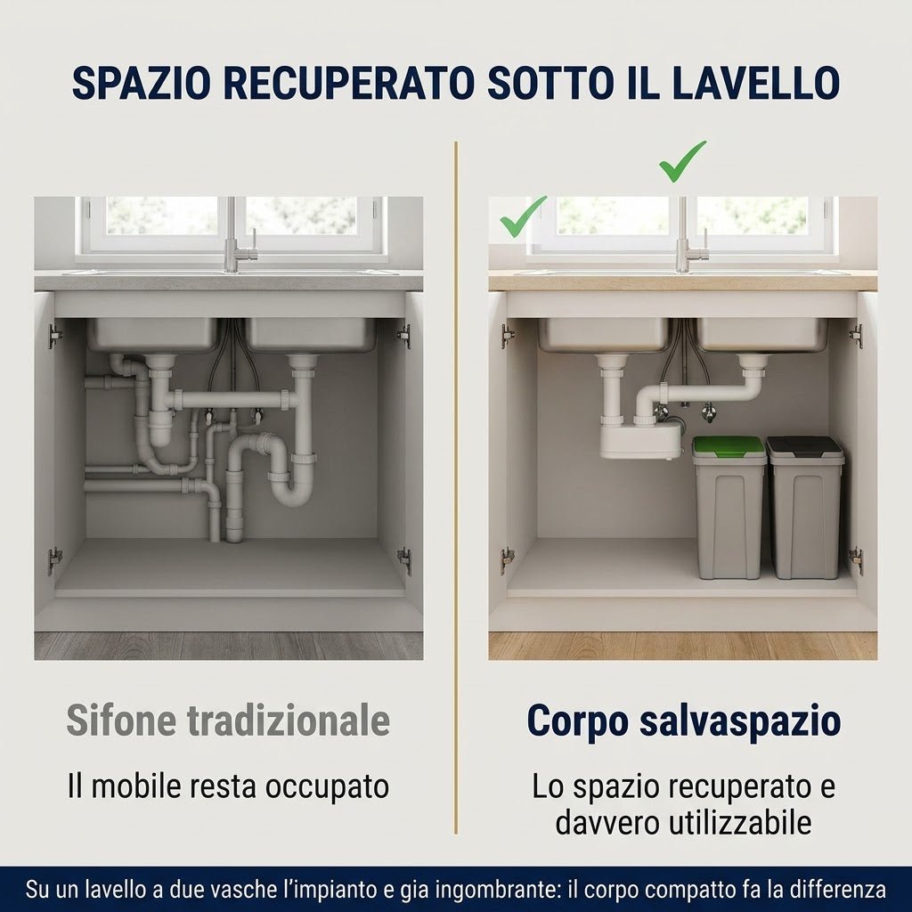 Confronto tra un sifone tradizionale e un sifone salvaspazio 2 vasche che ottimizza lo spazio recuperato sotto il lavello.
