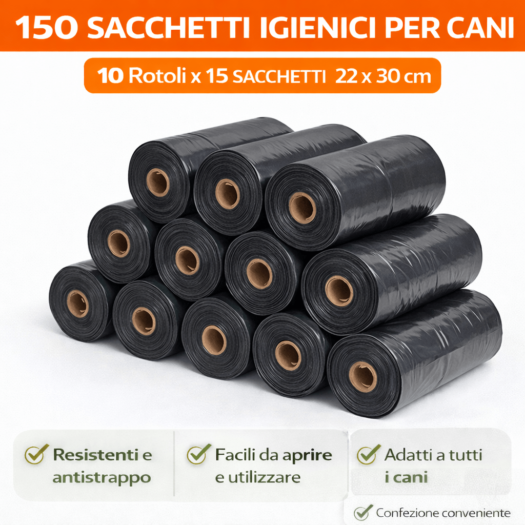 Sacchetti Igienici per Cani 150 Pezzi (10 Rotoli da 15) – Dimensioni 22x30 cm – Resistenti e Antistrappo - Lemag srl