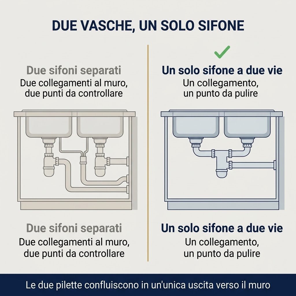 Schema comparativo: installazione con due scarichi vs sifone salvaspazio 2 vasche per un unico collegamento a muro.