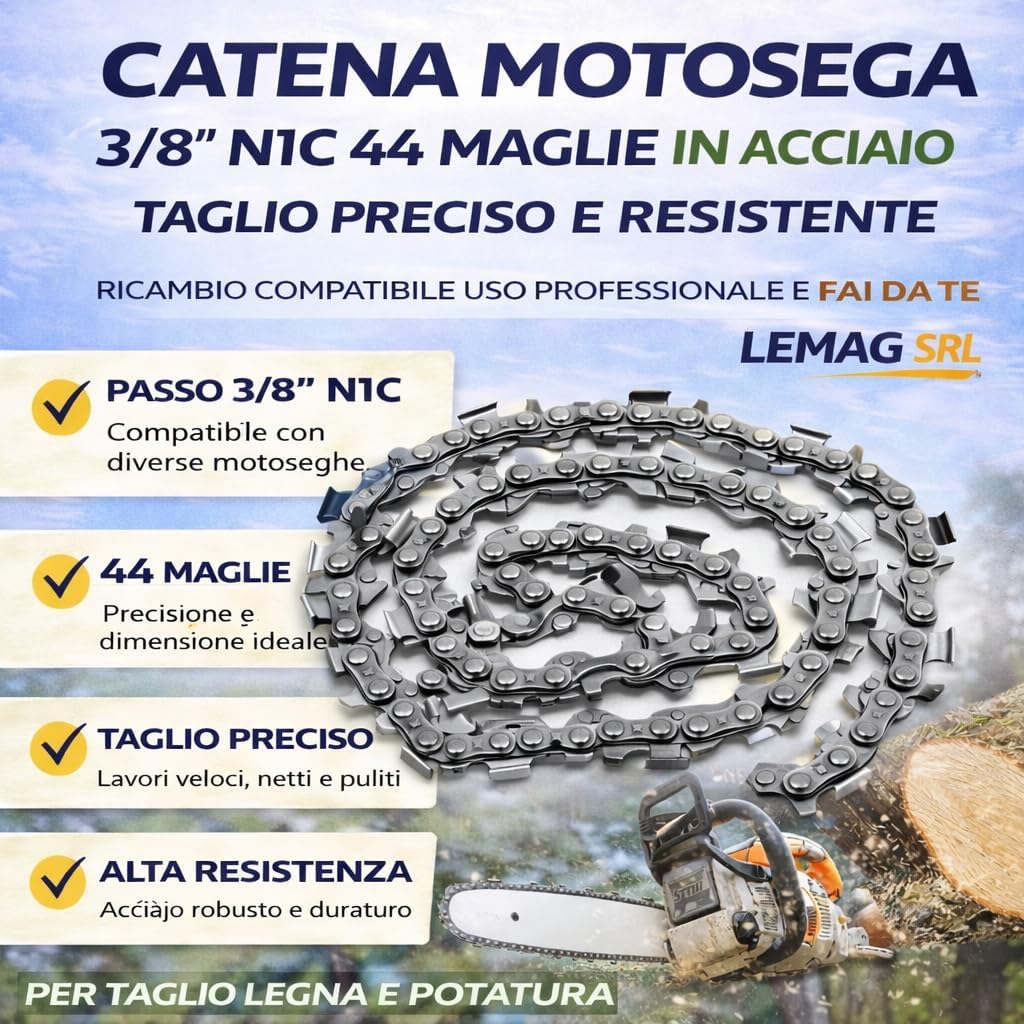Catena Motosega 3/8” N1C 44 Maglie in Acciaio Taglio Preciso - Lemag srl