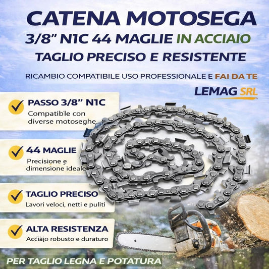 Catena Motosega 3/8” N1C 44 Maglie in Acciaio Taglio Preciso - Lemag srl