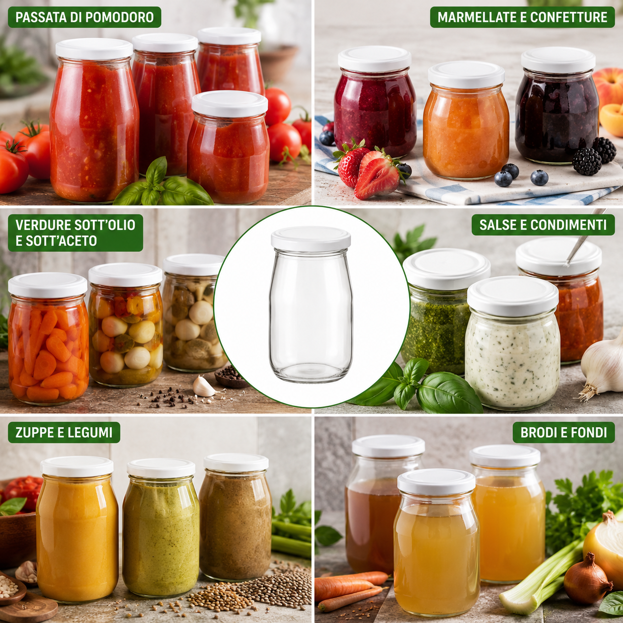 Vaso in Vetro per Passata 720 cc Ø 53 mm con Tappo Compreso Confezione 6 Pezzi Barattolo per Conserve Salsa Pomodoro Marmellata - Lemag srl