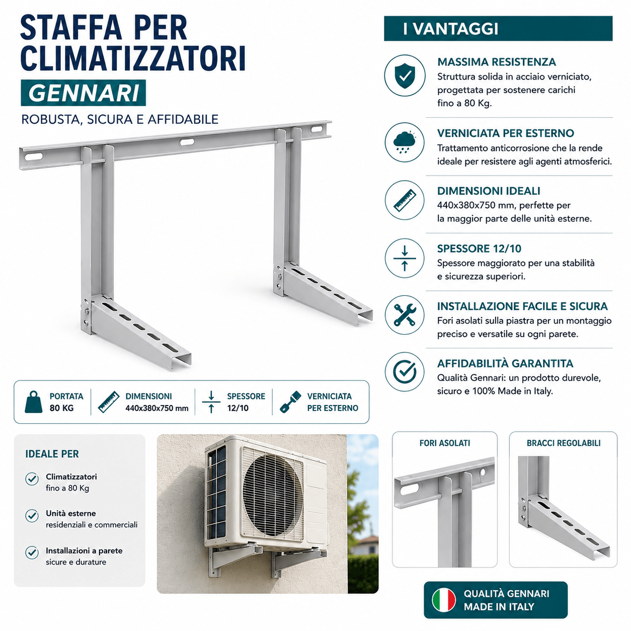Staffa per Climatizzatori Gennari 440x380x750 mm Portata 80 Kg Spessore 12/10 Verniciata per Esterno - Lemag srl
