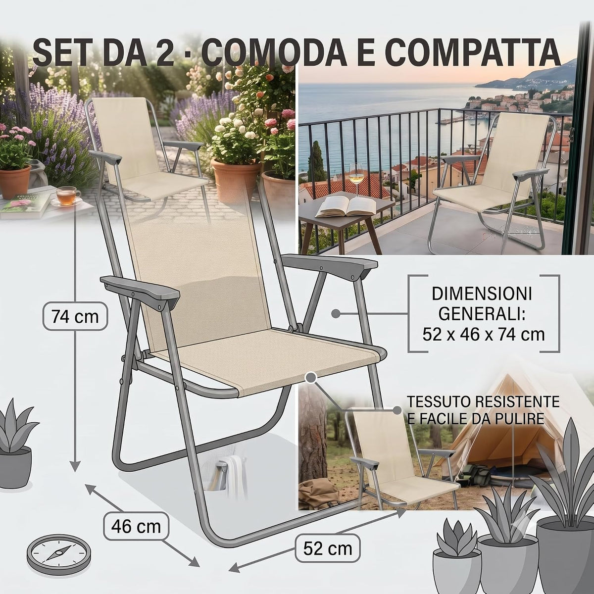Set di 2 sedie relax da giardino ecr, pieghevoli e compatte per esterno e campeggio con dimensioni 52x46x74 cm.