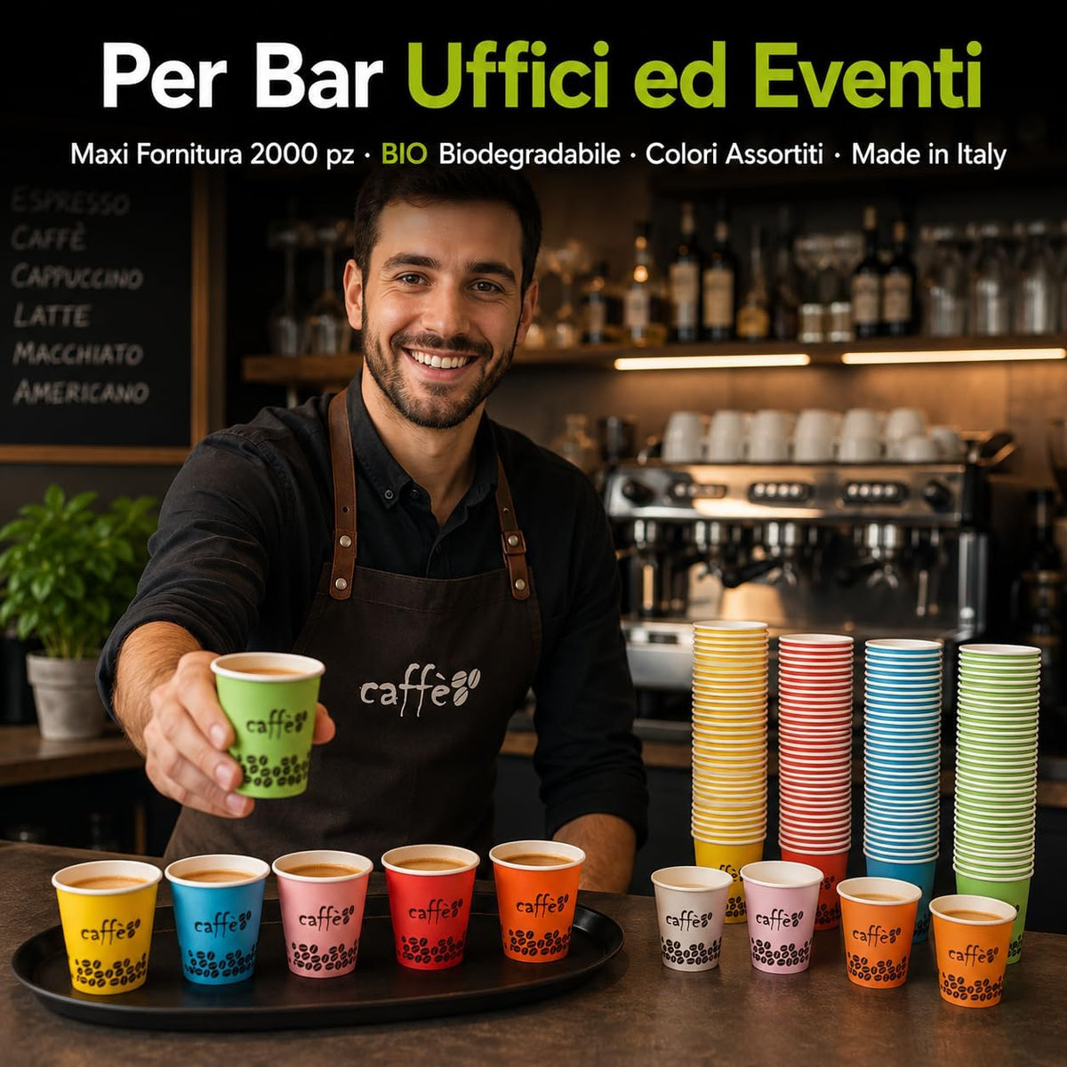 Barista offre un espresso servito nei colorati bicchieri caffè biodegradabili per bar, uffici ed eventi.
