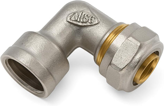 Gomito a stringere in ottone per tubo multistrato 16x1/2 con filettatura femmina
