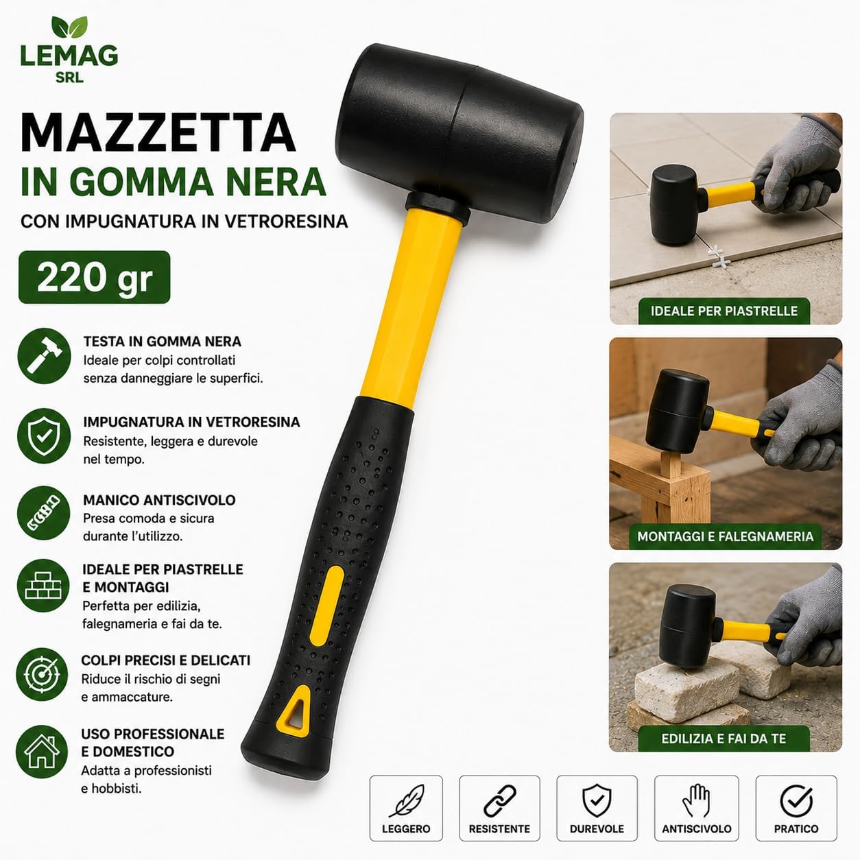 Mazzetta Martello Testa in Gomma Nera 220 gr - Lemag srl