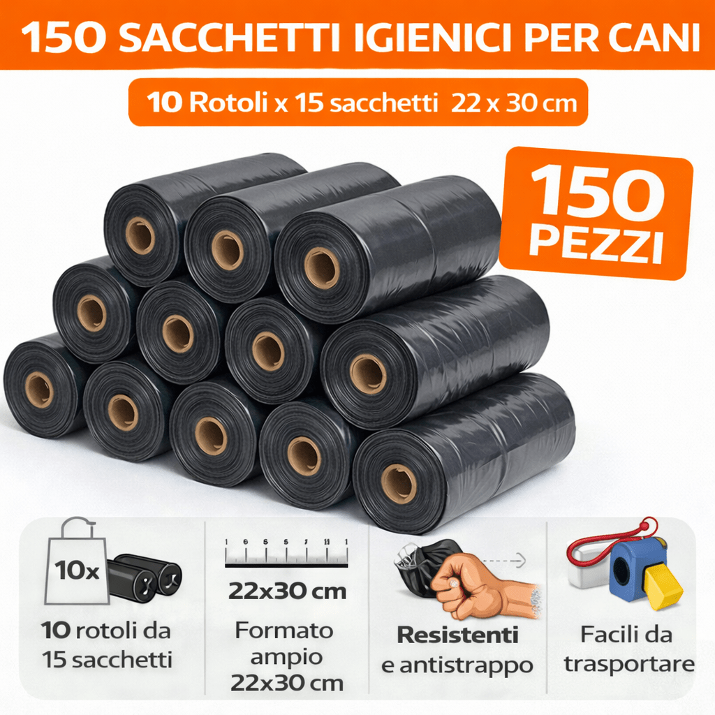 Sacchetti Igienici per Cani 150 Pezzi (10 Rotoli da 15) – Dimensioni 22x30 cm – Resistenti e Antistrappo - Lemag srl