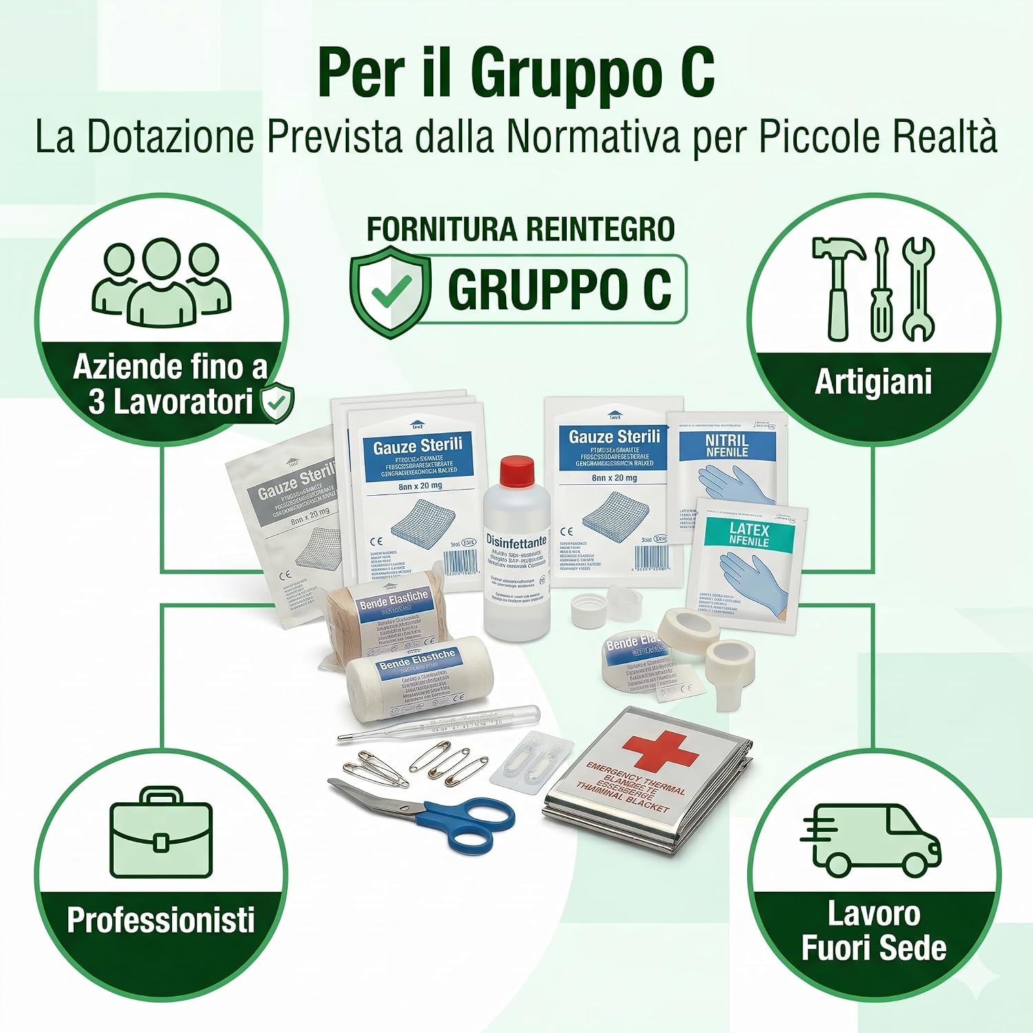Reintegro Cassetta Primo Soccorso Gruppo C – Ricarica Conforme D.Lgs. 81/2008 D.M. 388/2003 – Kit Reintegro Pronto Soccorso Aziende fino a 3 Lavoratori – per Art. 23.301.01 - Lemag srl