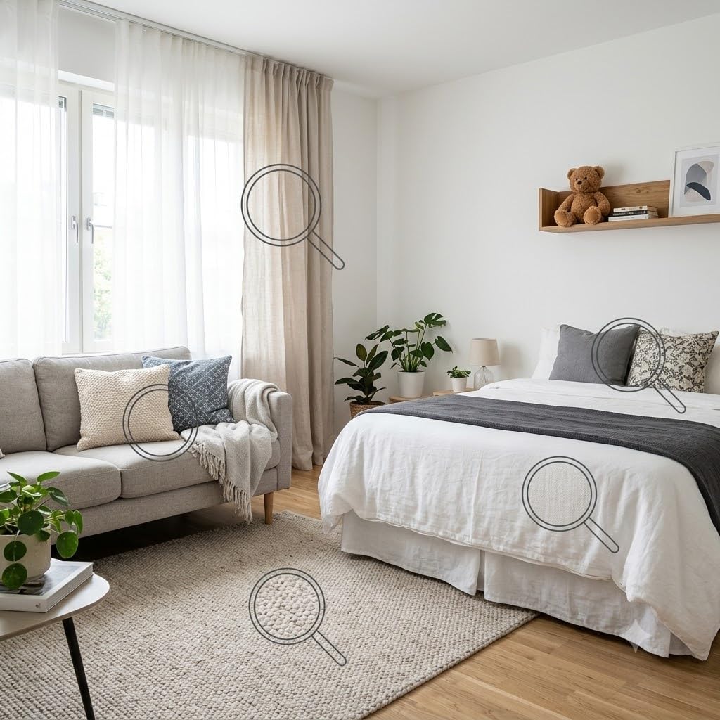 Camera da letto con zone evidenziate per l'uso dello spray antiacaro materassi su tessuti, letto e divano.