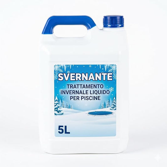 Tanica da 5 litri di svernante liquido per piscine per il trattamento invernale antialghe e anticalcare.