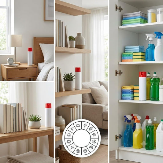 Esempi di utilizzo dello spray antiacaro materassi in vari ambienti domestici come camera da letto, soggiorno e armadio.