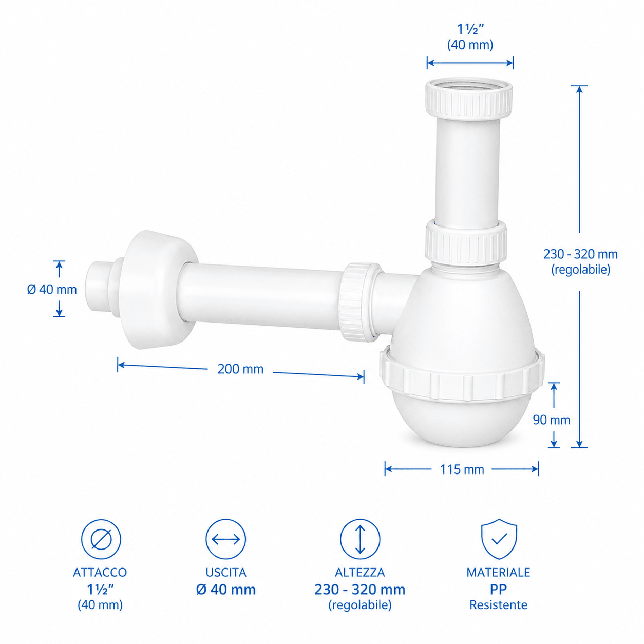 Sifone per Lavello Cucina 1 Via "Francia" – Attacco 1"1/2 | Scarico Ø32/40 mm | Sifone Cucina Universale Anti - Odore | Facile Installazione Fai da Te - Lemag srl