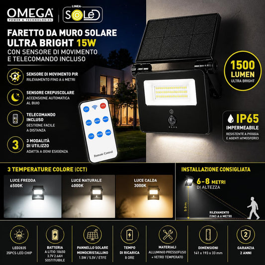 Faretto solare LED 15W 1500 lm IP65 con sensore PIR e telecomando – pannello solare