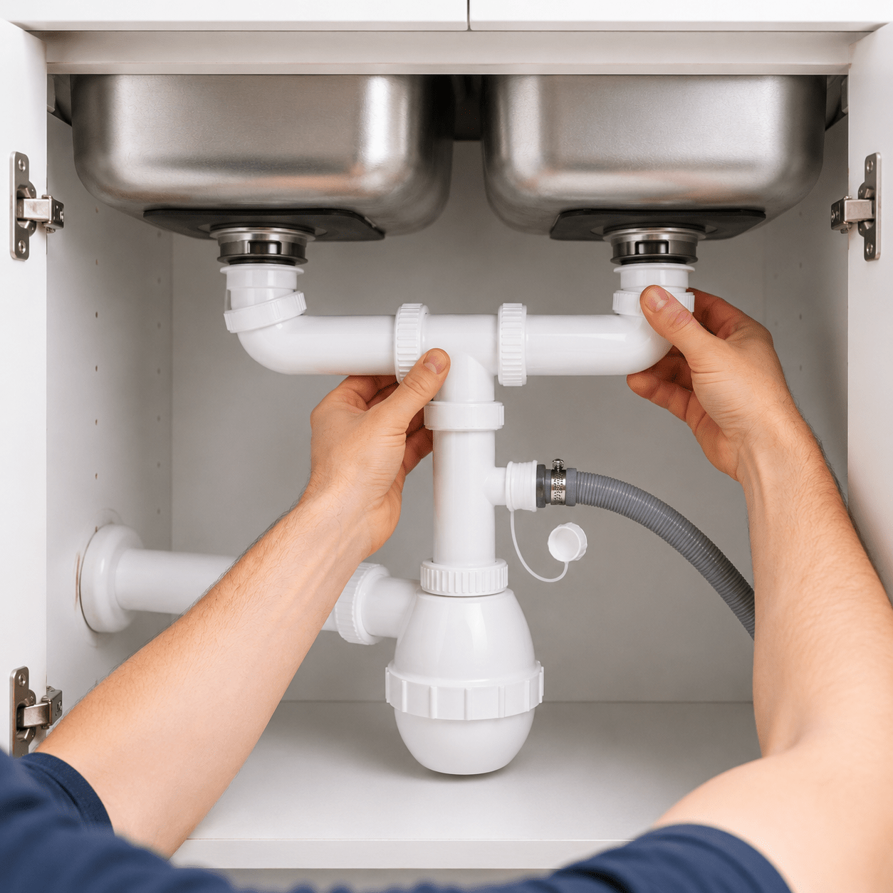 Sifone Lavello Cucina 2 Vie "Francia" con Attacco Lavatrice – 1"1/2 | Scarico Ø32/40 mm | Sifone Doppio Vasca con Presa Lavatrice Anti - Odore | Fai da Te - Lemag srl
