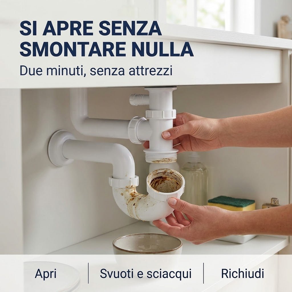 Pulizia facile del sifone salvaspazio 2 vasche, ispezionabile e apribile senza attrezzi per rimuovere lo sporco nel sottolavello.